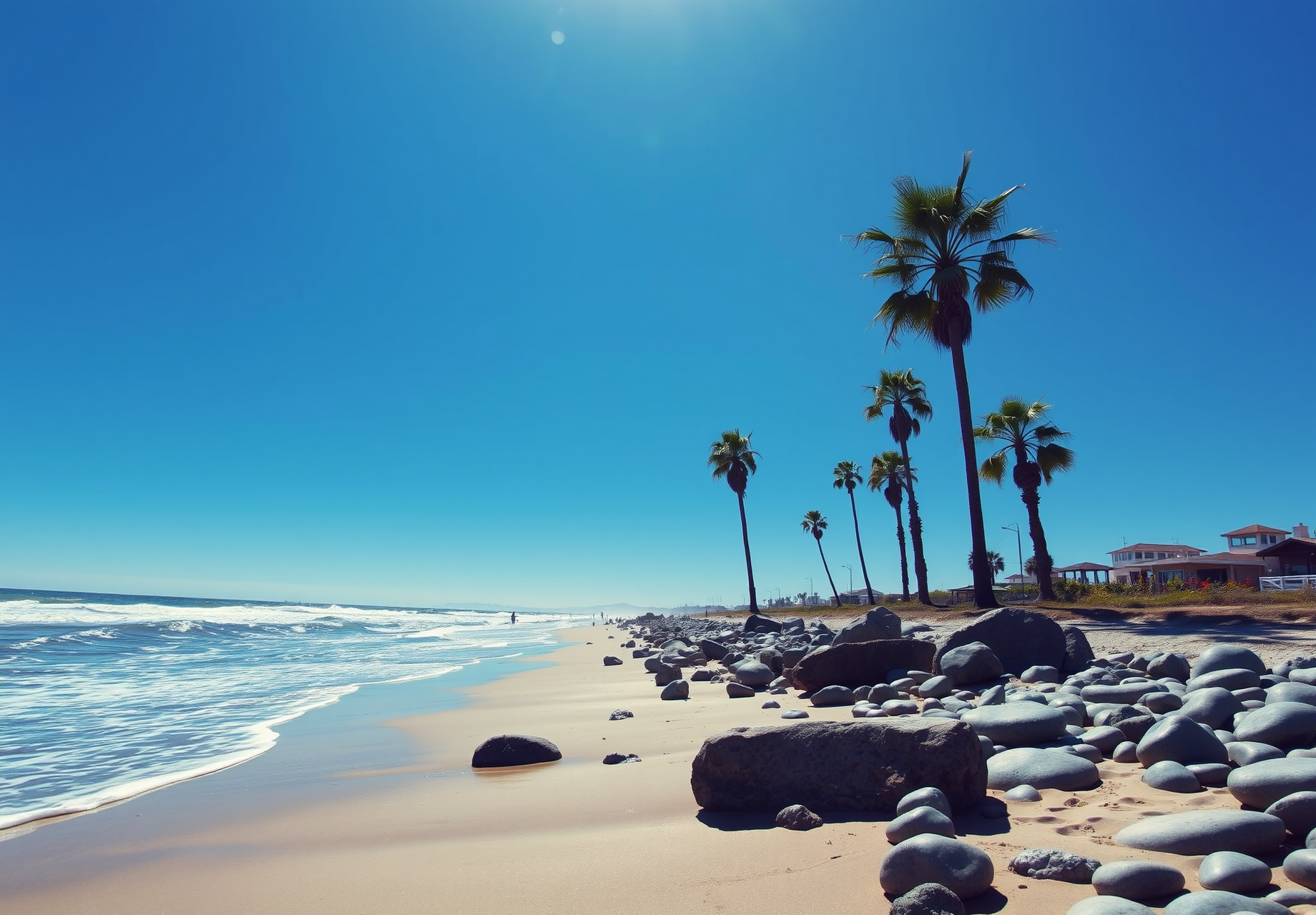 A sunny beach with scattered rocks of various sizes, palm trees in the distance, and a clear sky. - wallpaper image