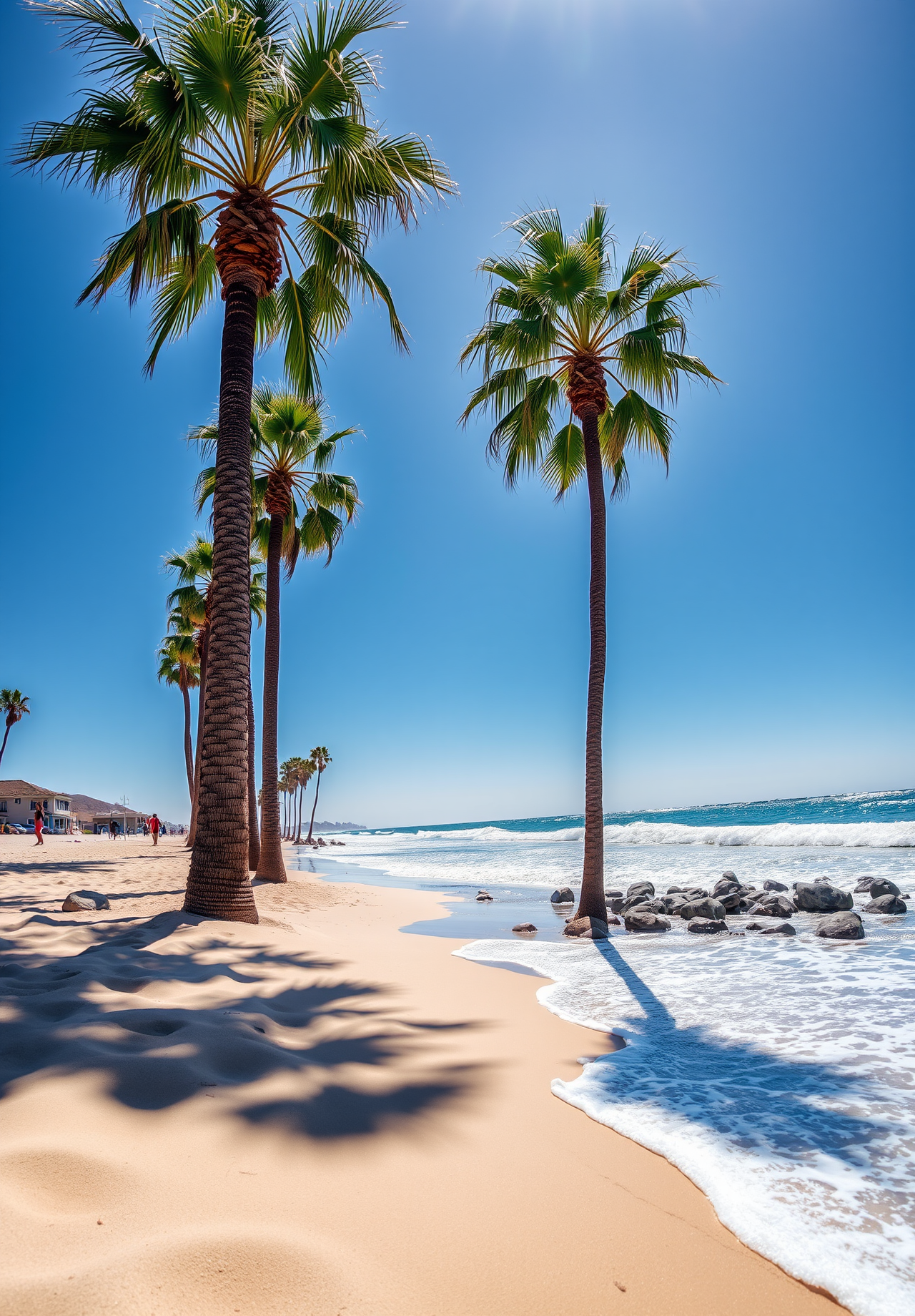 A sunny beach with palm trees on the sand, waves crashing against the shore. - wallpaper image