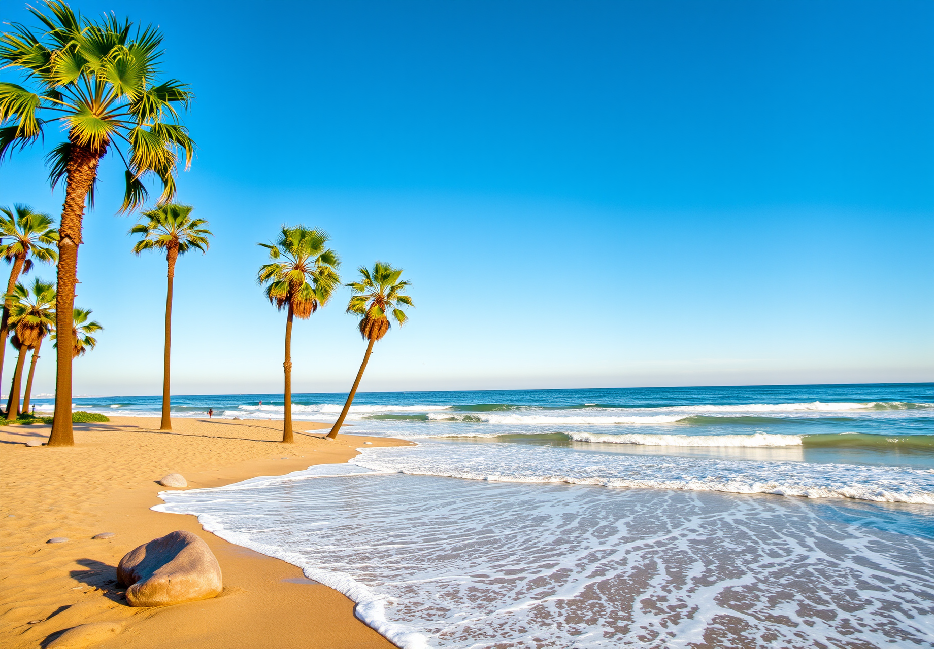 A sunny beach with palm trees swaying by the sea, the waves crashing on the shore, and people playing in the water in the distance. - wallpaper image