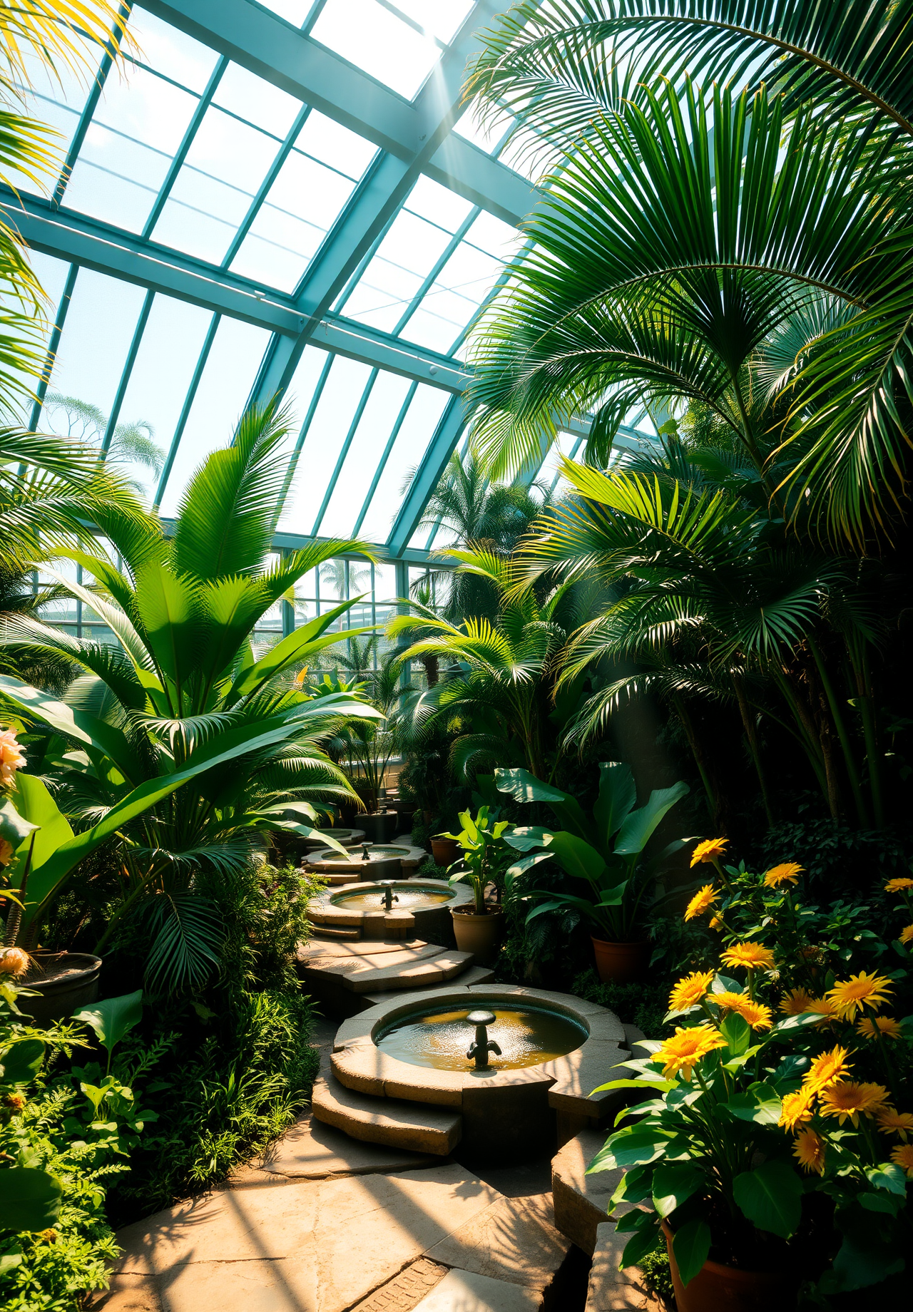 A sunny morning, the sunlight shines through the glass roof into the interior, illuminating the green plants and stone paved ground. - wallpaper image