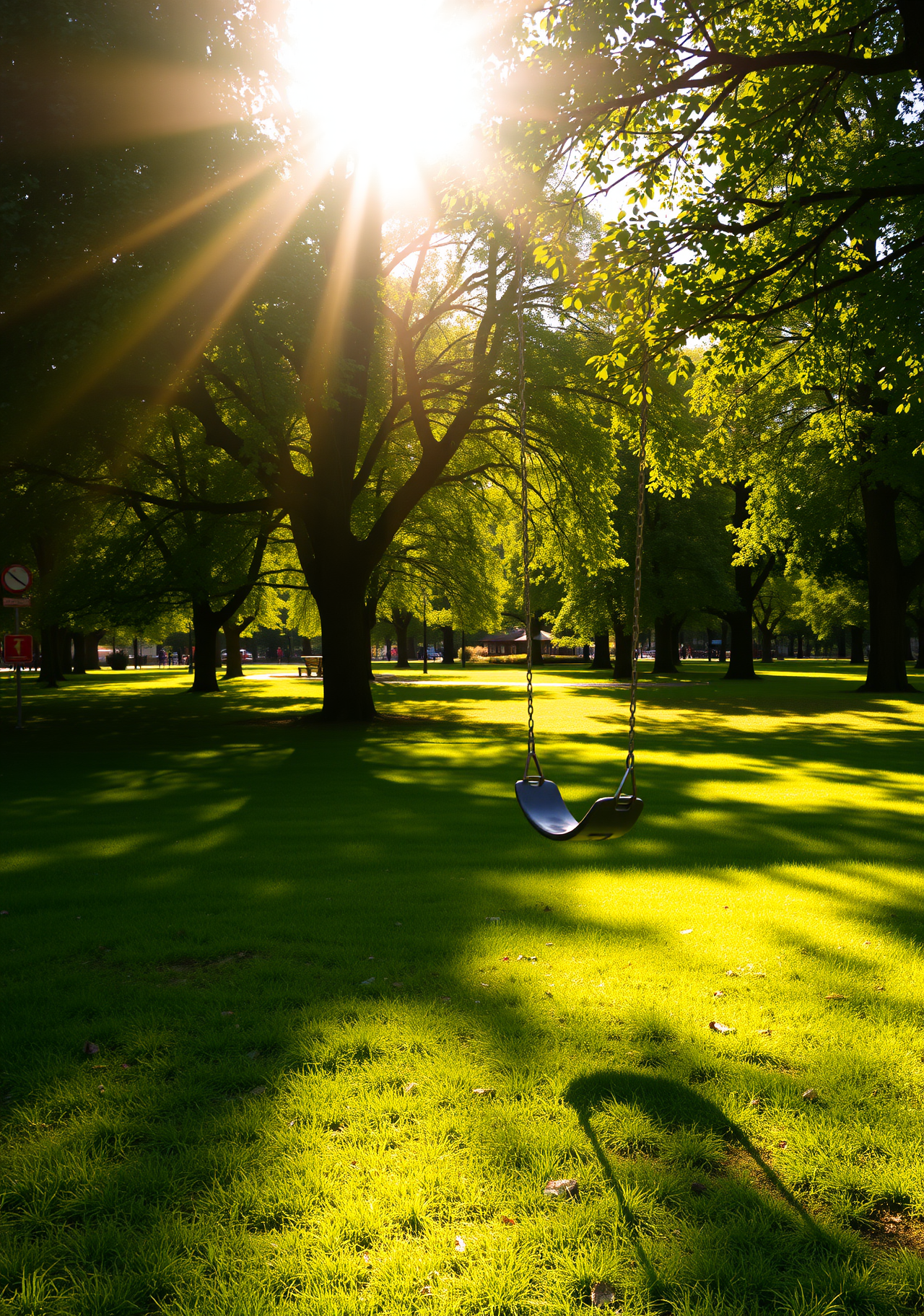 A sunny afternoon, with lush green trees in the park, an empty swing swaying gently in the breeze, casting a shadow under the trees. - wallpaper image