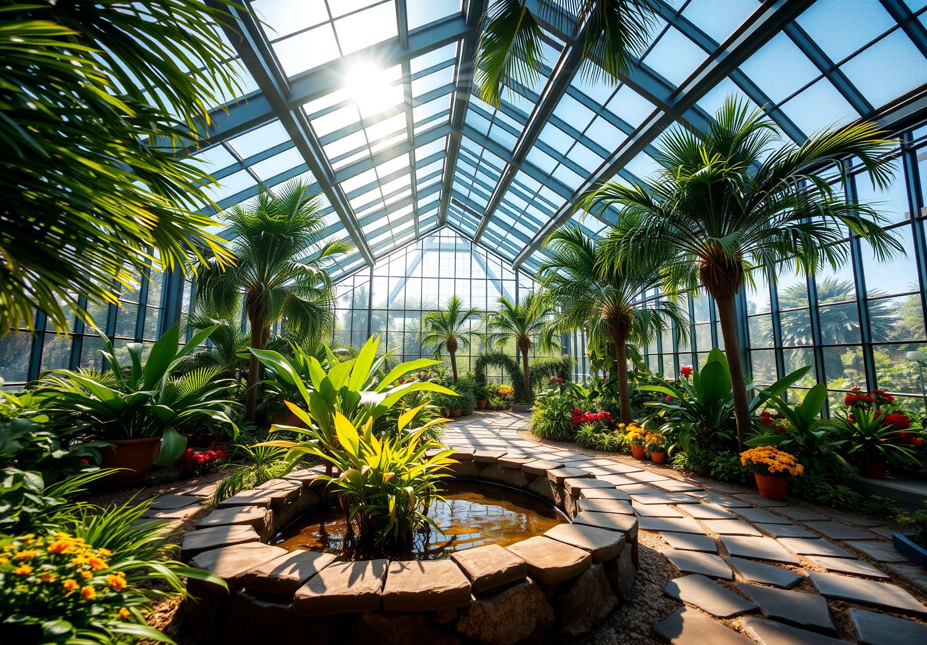 On a sunny morning, a glass greenhouse is filled with lush tropical plants, with a small pond in the center and a stone path around it, creating a feeling of being in a tropical rainforest. - wallpaper image