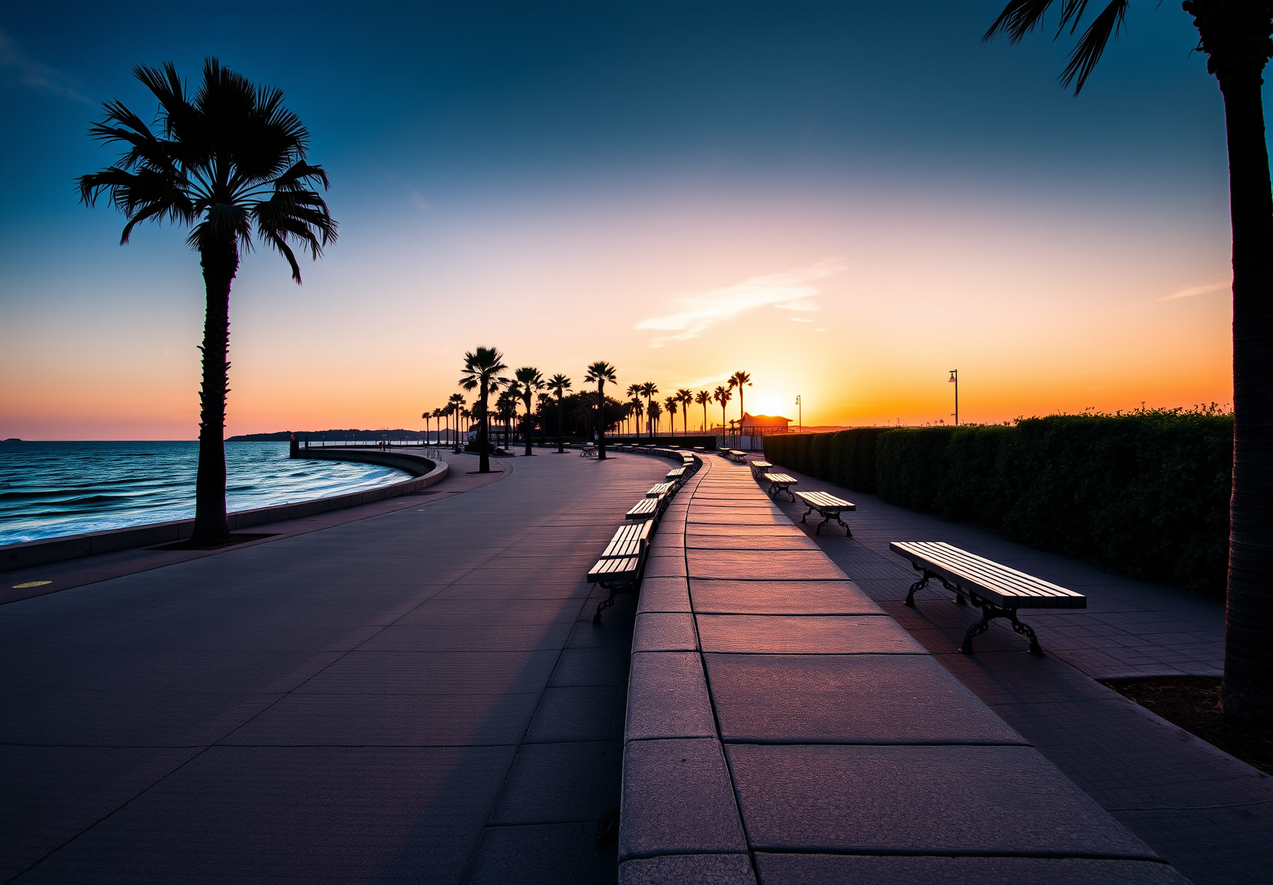 A row of benches on a wooden path by the sea at sunset, with palm trees and buildings in the distance. - wallpaper image