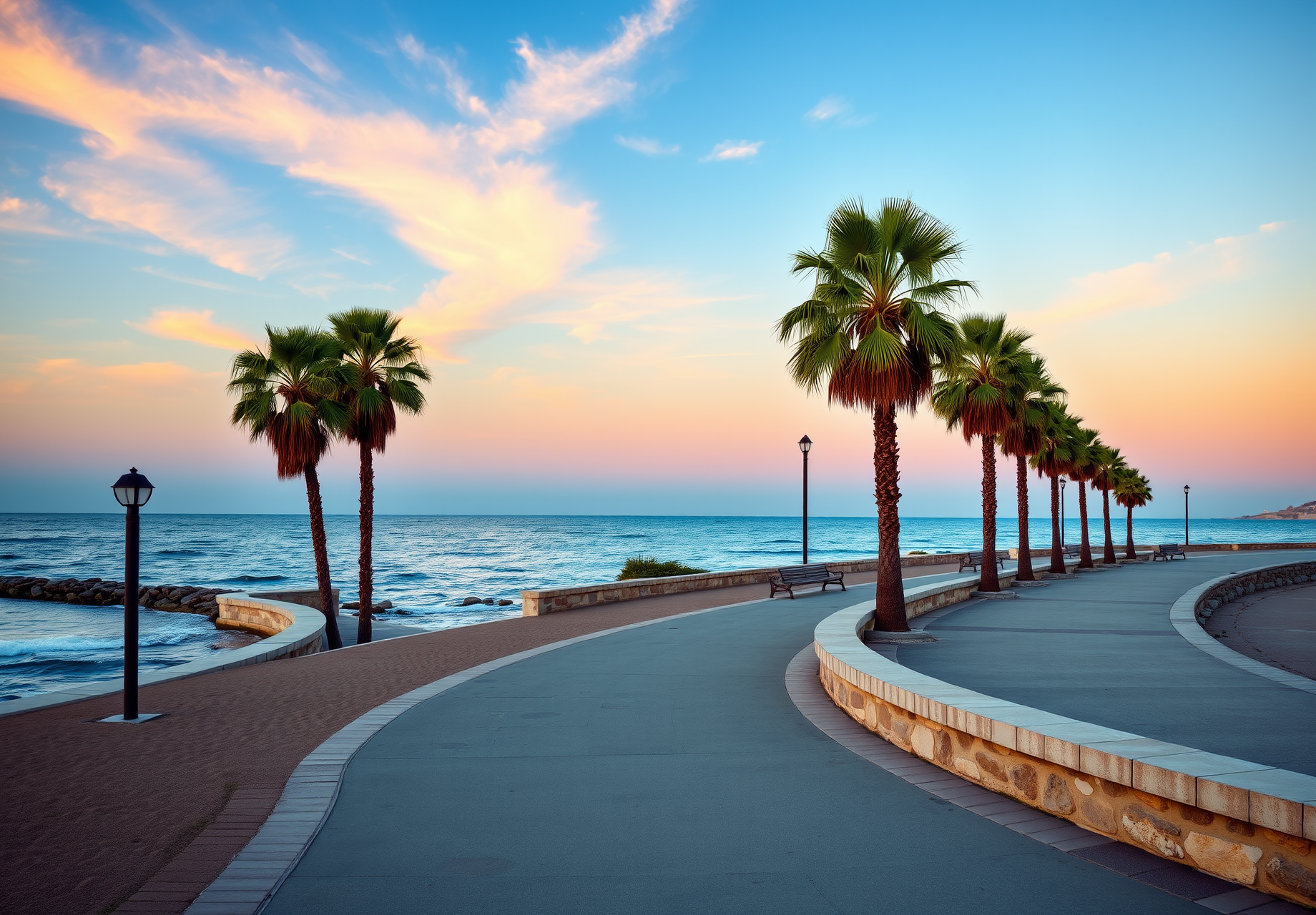 A winding path along the beach at sunset, lined with palm trees, is a beautiful sight. - wallpaper image