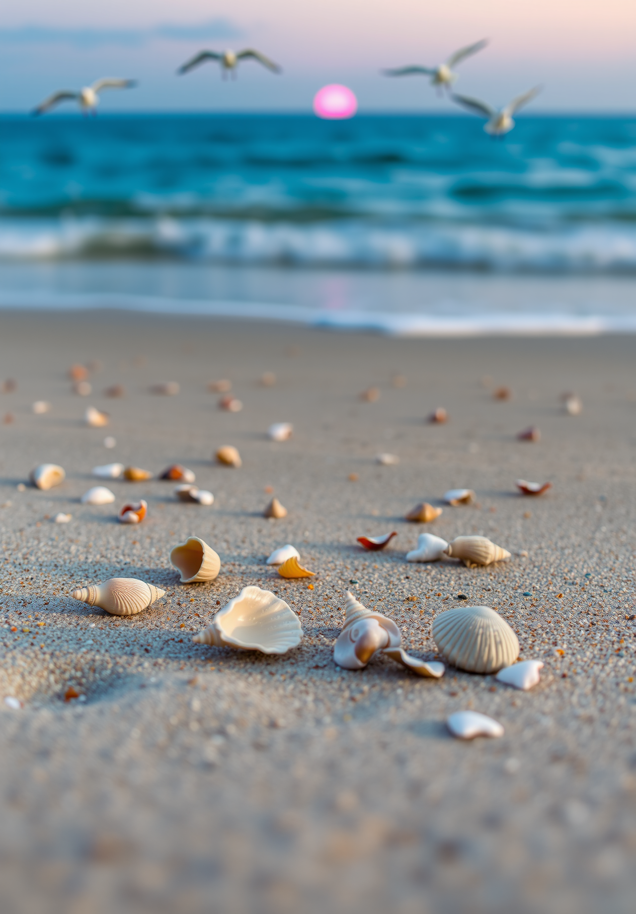 Various seashells scattered on the beach, in the distance is the sea and sky, the sun sets in the west, the sky is pink. - wallpaper image