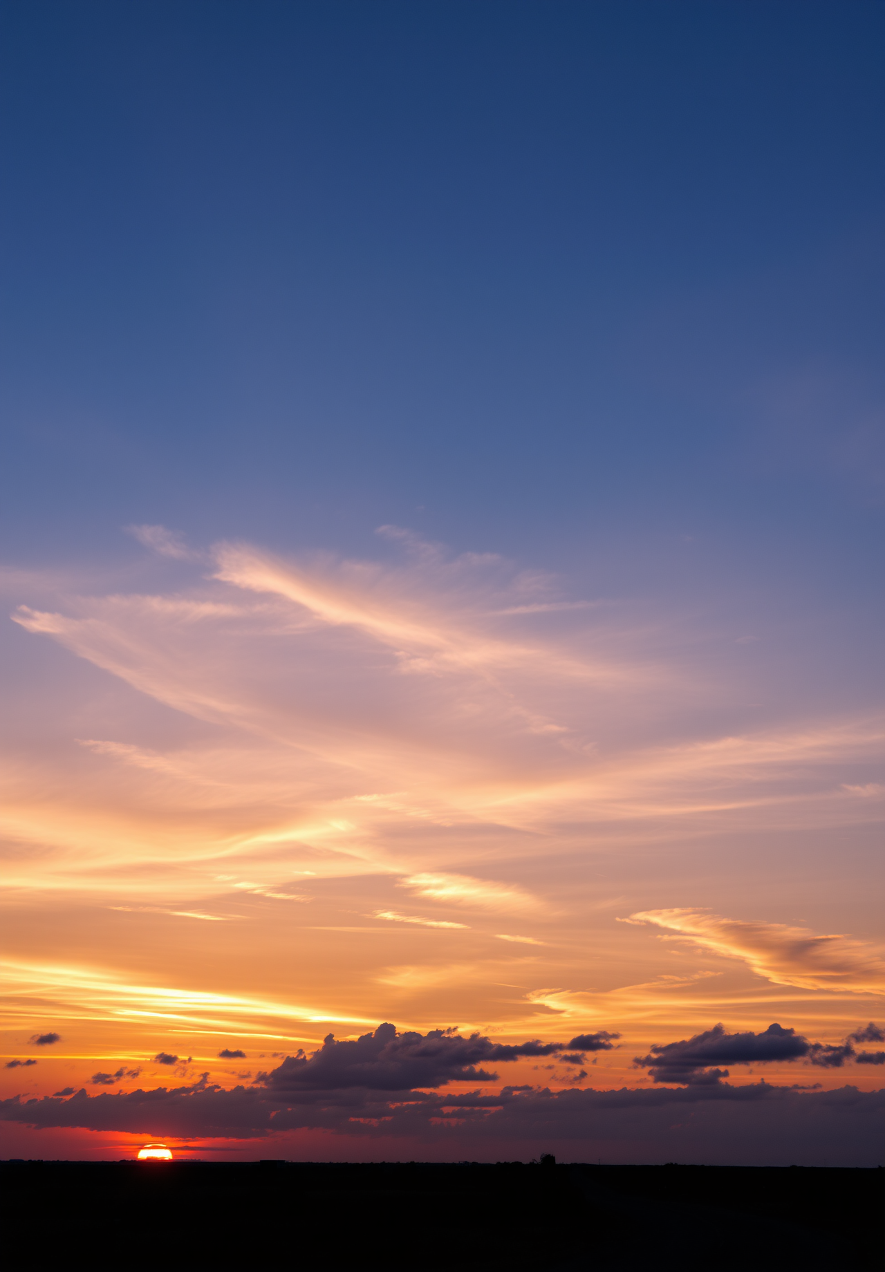 The sky is painted with orange and purple hues at dusk, with clouds glowing in the golden light of the setting sun. - wallpaper image