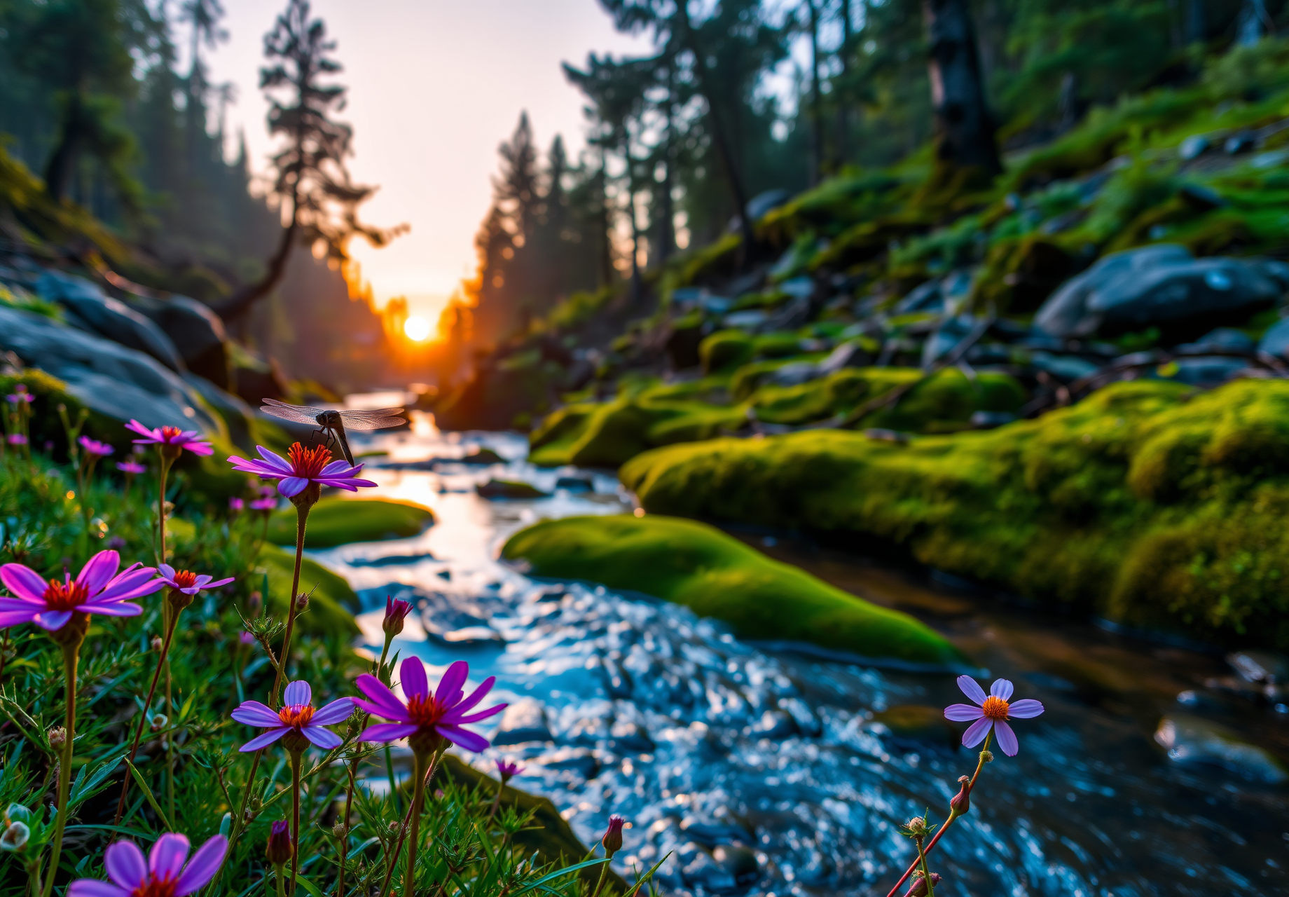 Sunset over a stream in a forest, with purple flowers blooming along the banks and a dragonfly perched on one of them. - wallpaper image