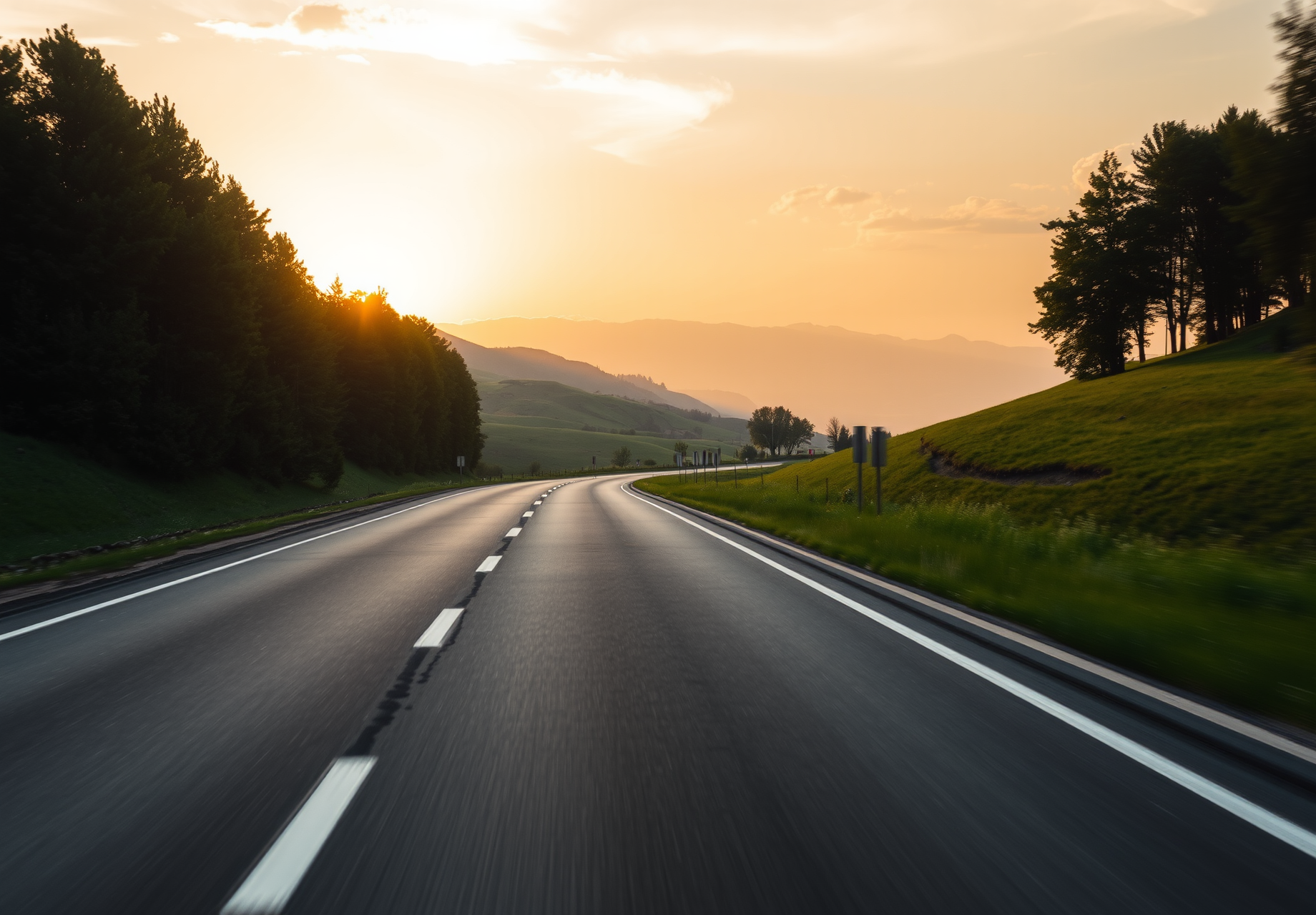 The sun sets over the horizon, casting a warm glow on a winding road and green hillsides, with dense trees lining the roadside. - wallpaper image