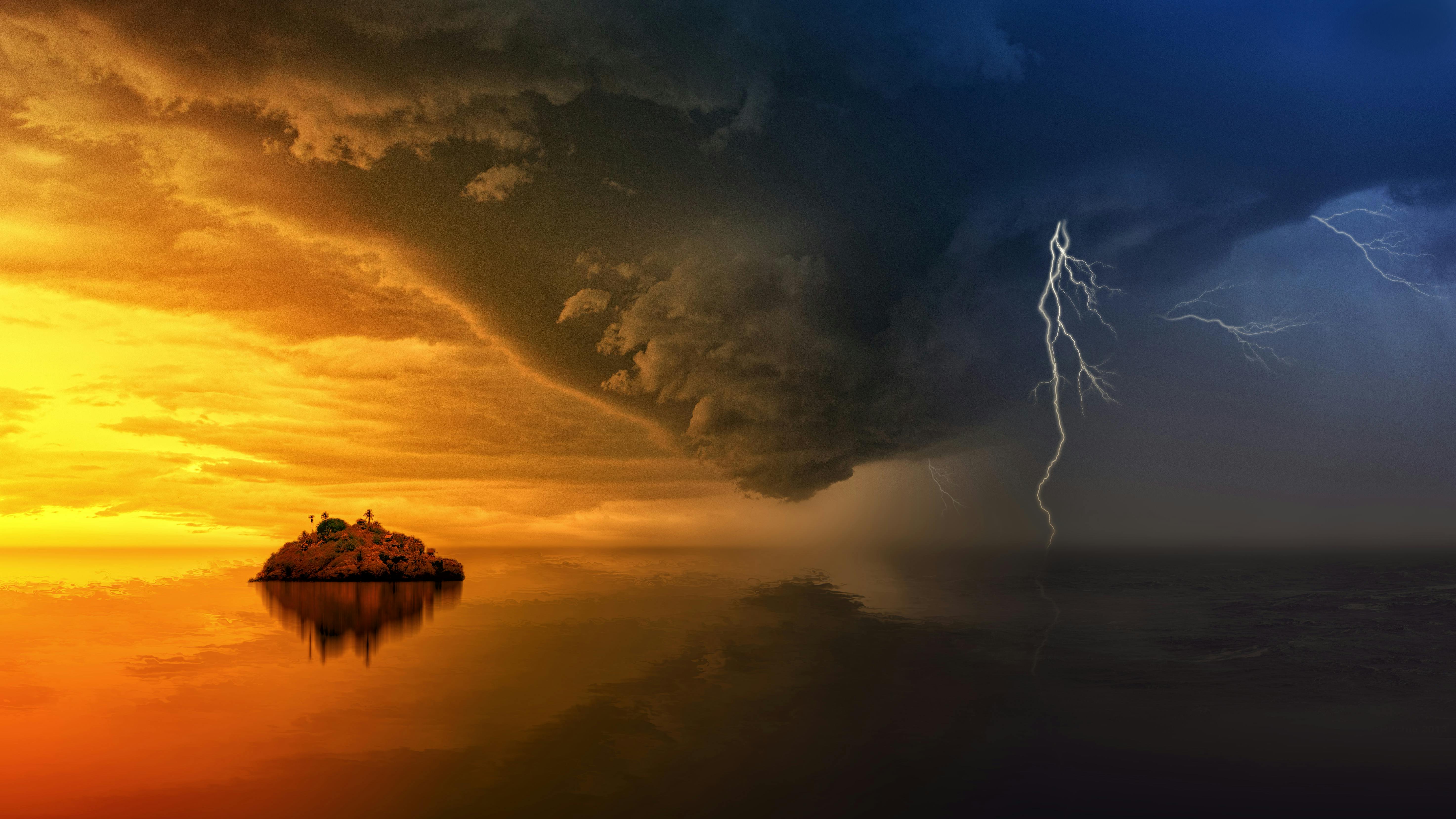 A lightning bolt strikes the sea at sunset, with a lone island in the foreground and dark clouds in the sky. - free wallpaper image