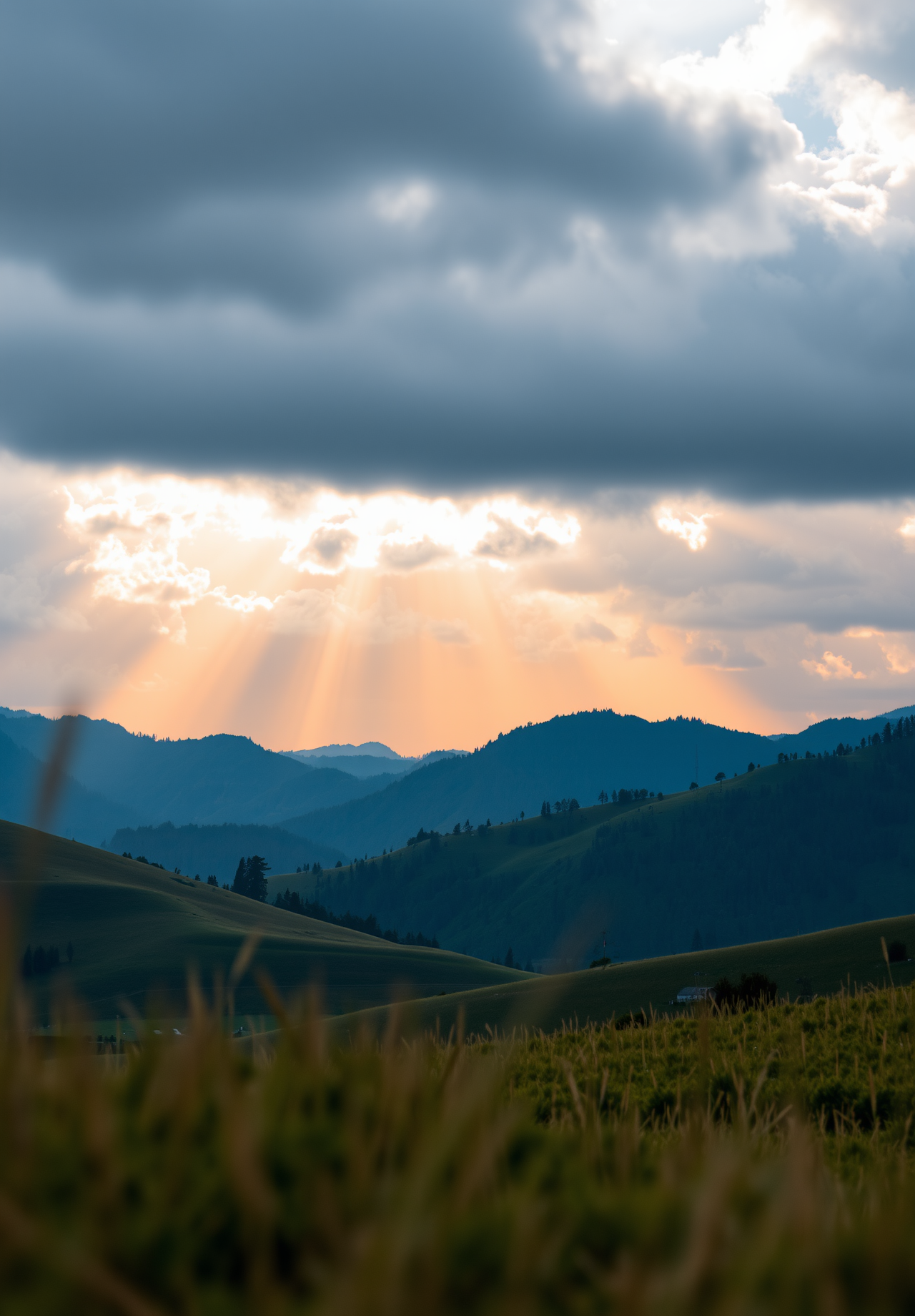 The setting sun shines through the clouds onto the mountains, the slopes are covered with green grass. - wallpaper image