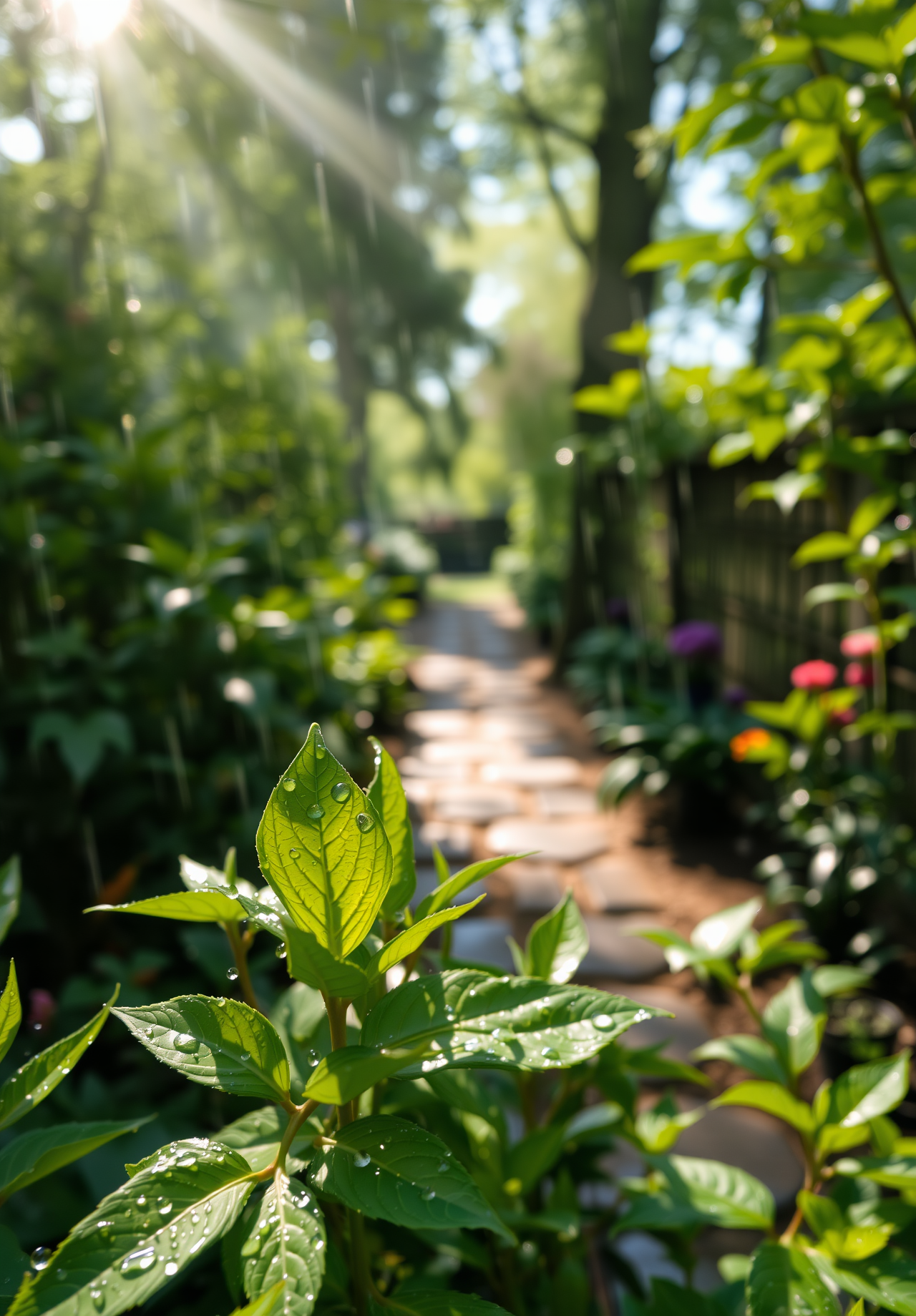 Sunlight shines through the branches and onto the path in the garden, with raindrops still on the green leaves. - wallpaper image