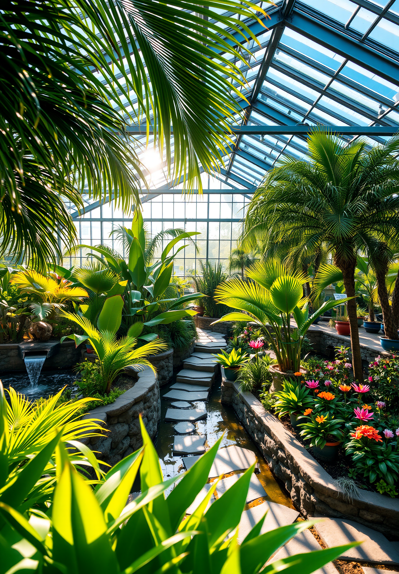 Sunlight streams through the glass roof of a tropical garden, a stone path winds through lush greenery, a small waterfall flows quietly, creating a peaceful and serene atmosphere. - wallpaper image