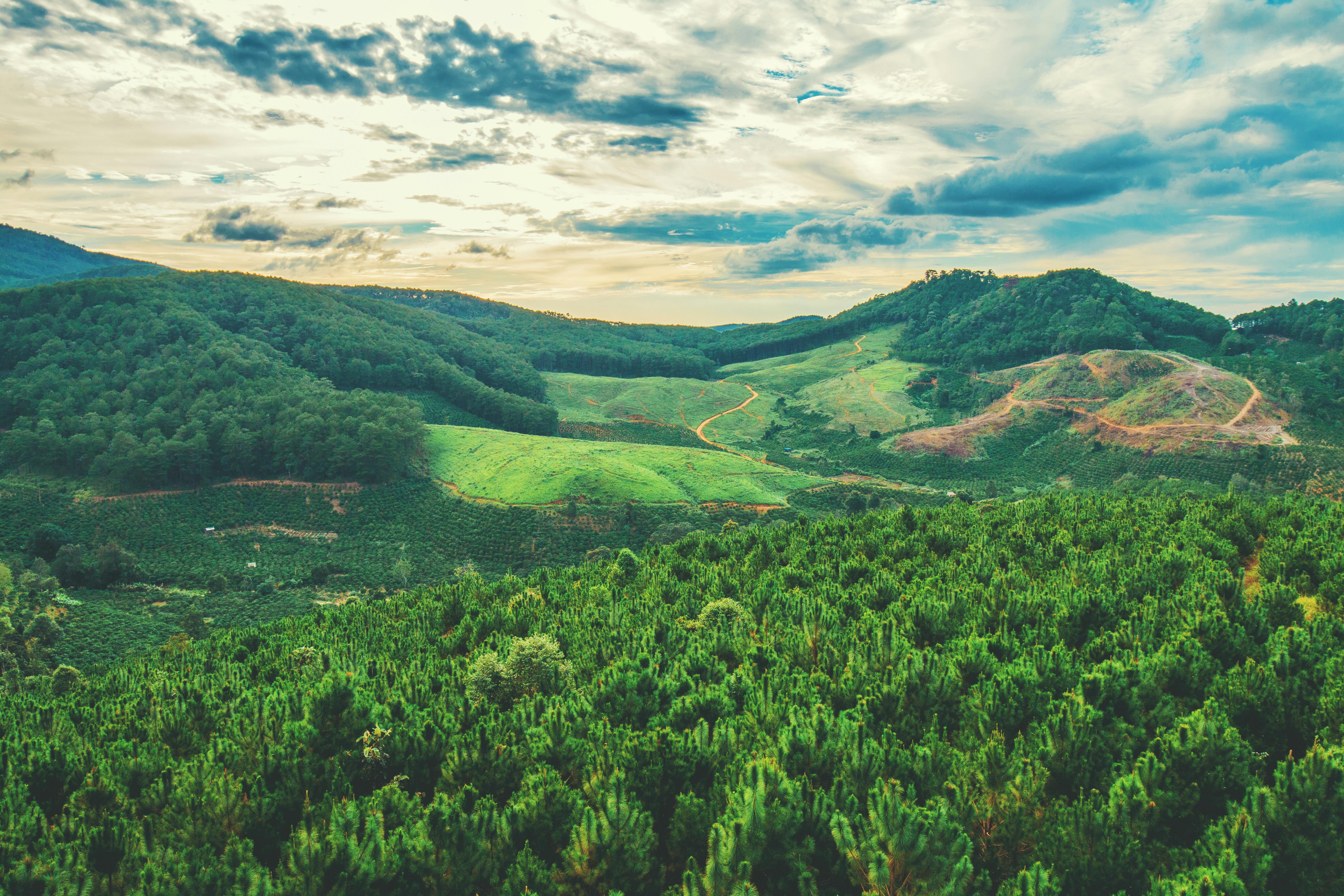 The distant mountains are covered with verdant forests, dotted with a few winding roads on the slopes, the sky is densely covered with clouds, presenting a tranquil atmosphere. - free wallpaper image