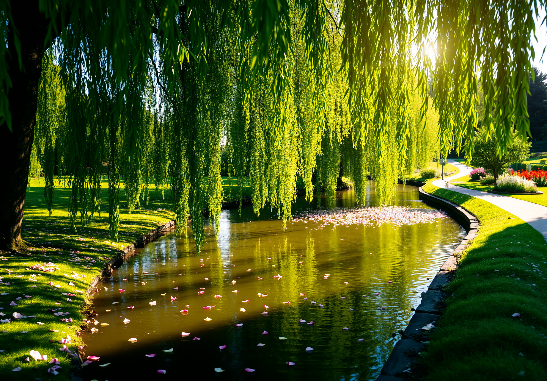 A weeping willow tree&apos;s branches are hanging over a small river, the water flows calmly, and some petals are floating on the surface. - wallpaper image