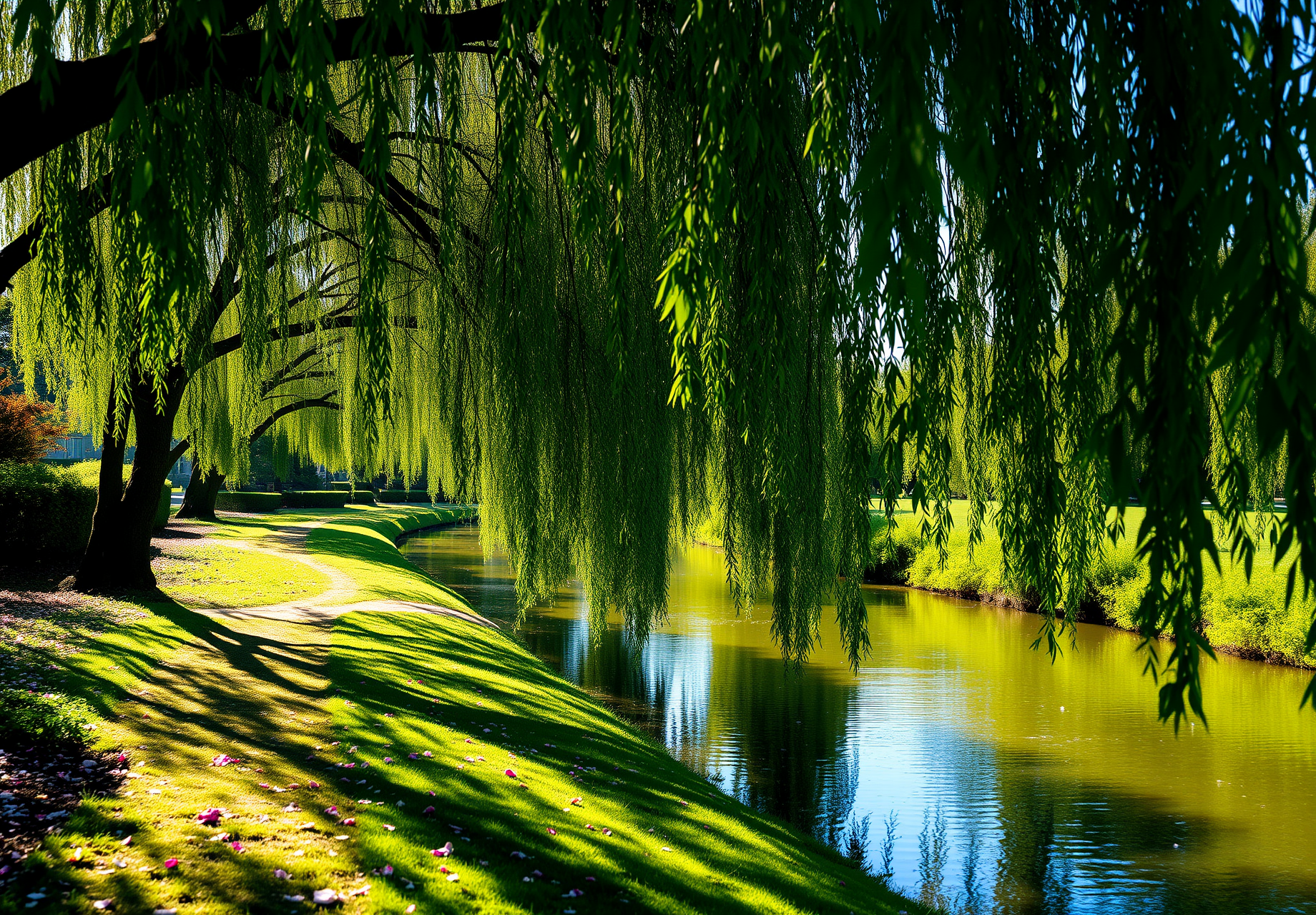 A weeping willow tree hangs over a small river. The riverbank is covered in green grass. The sun is shining on the tree and river, making them both glow. - wallpaper image