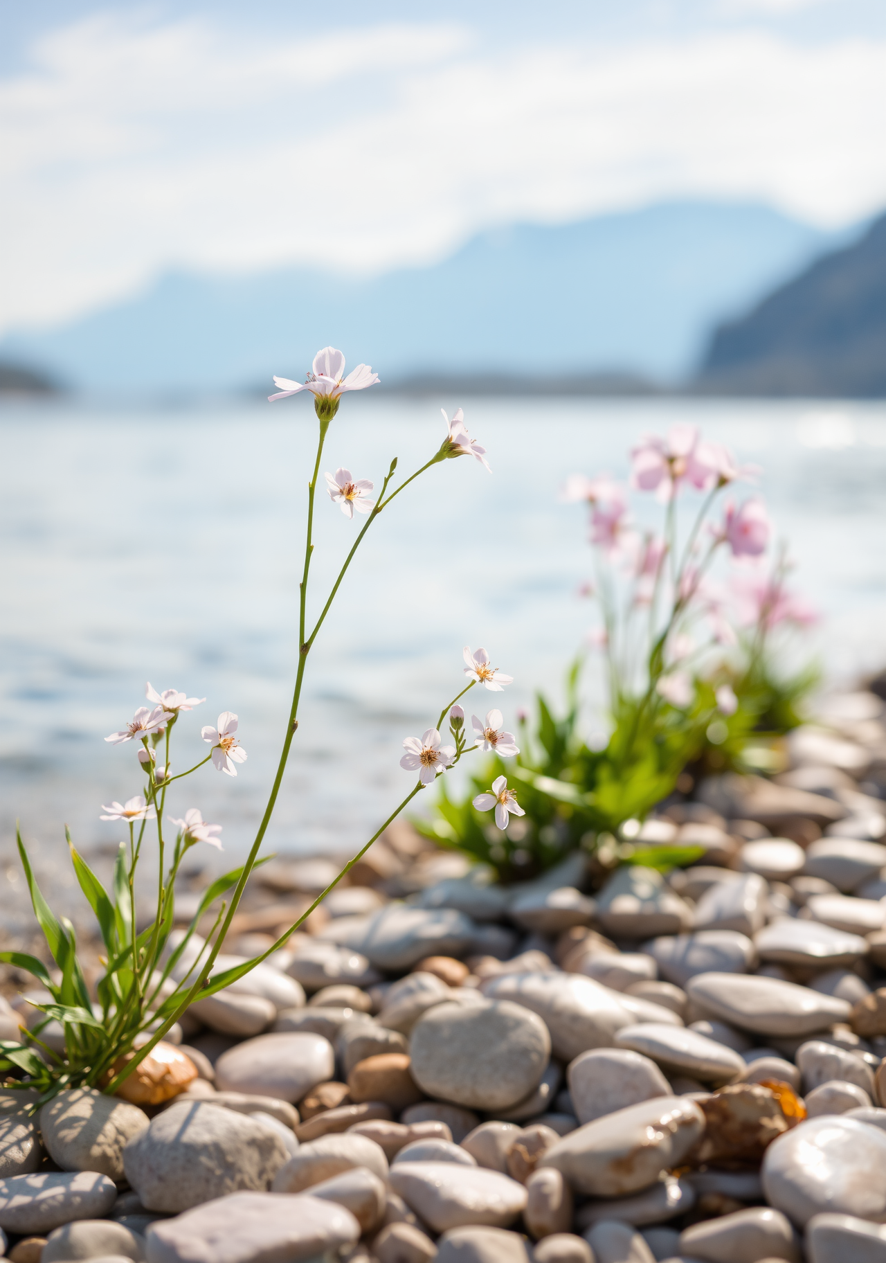 White flowers bloom on the pebbles by the lake, with mountains and water in the distance - wallpaper image