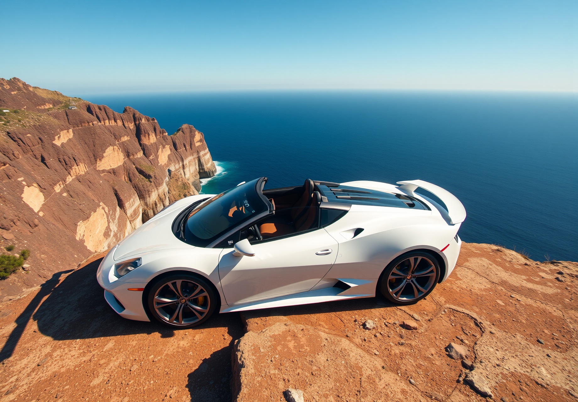 A white convertible sports car parked on the edge of a cliff overlooking the blue sea, with a continuous coastline in the distance. - wallpaper image