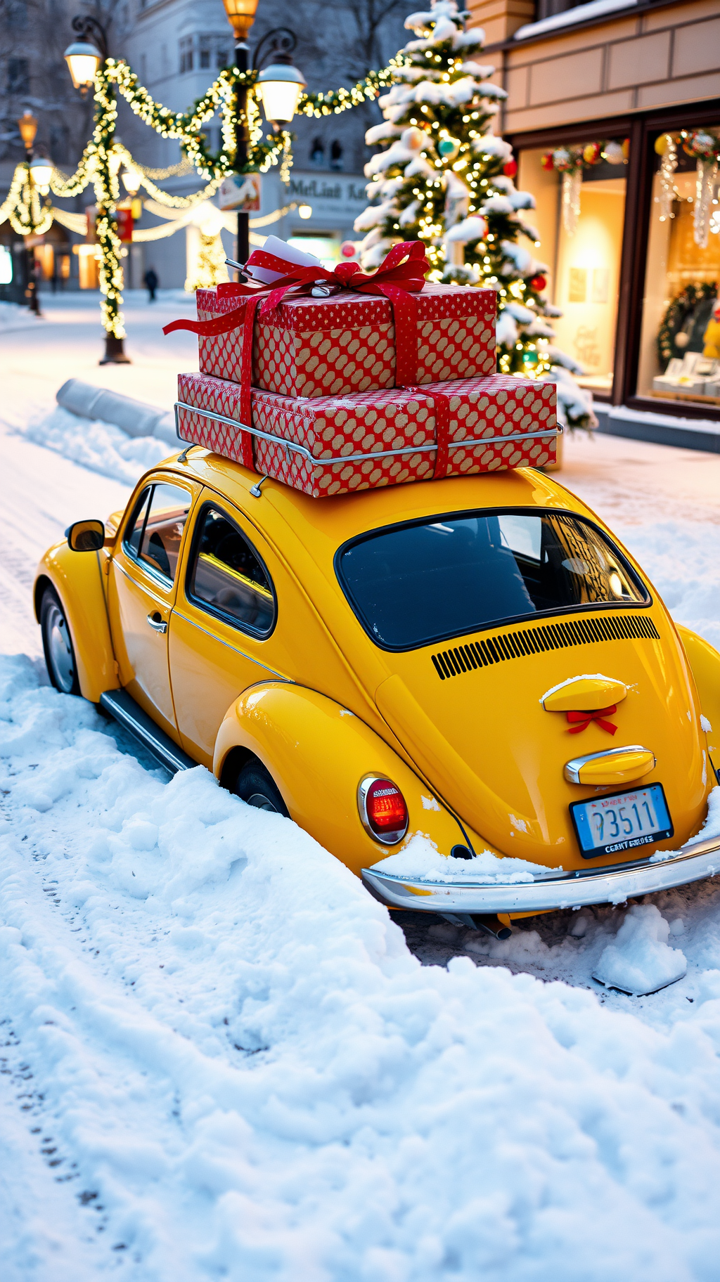 A yellow Volkswagen Beetle is parked in the snow, with several gift boxes tied with red ribbon on the roof, a Christmas tree and shops in the background, creating a strong Christmas atmosphere. - wallpaper image