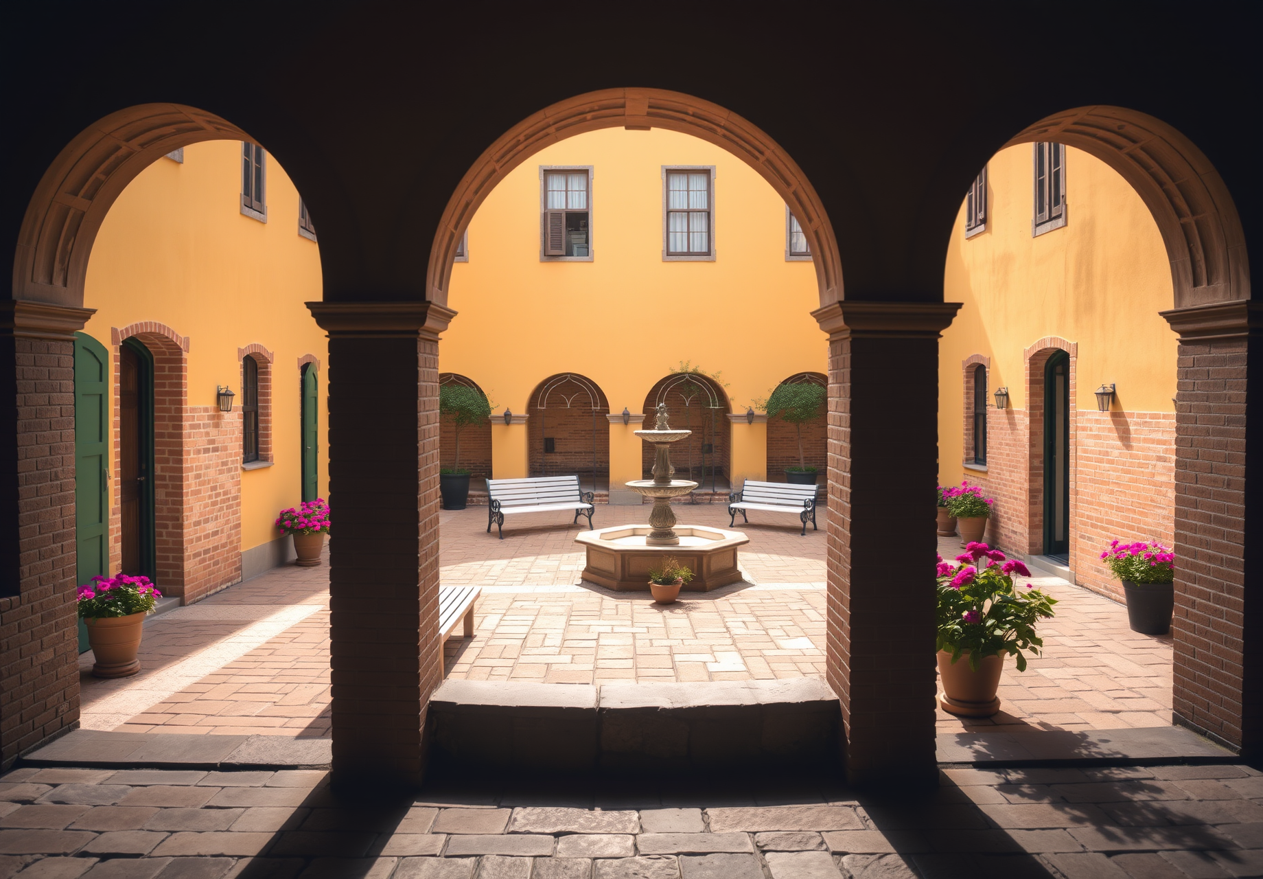 A yellow building with a courtyard inside. The courtyard has a fountain, some plants and two benches around it. - wallpaper image