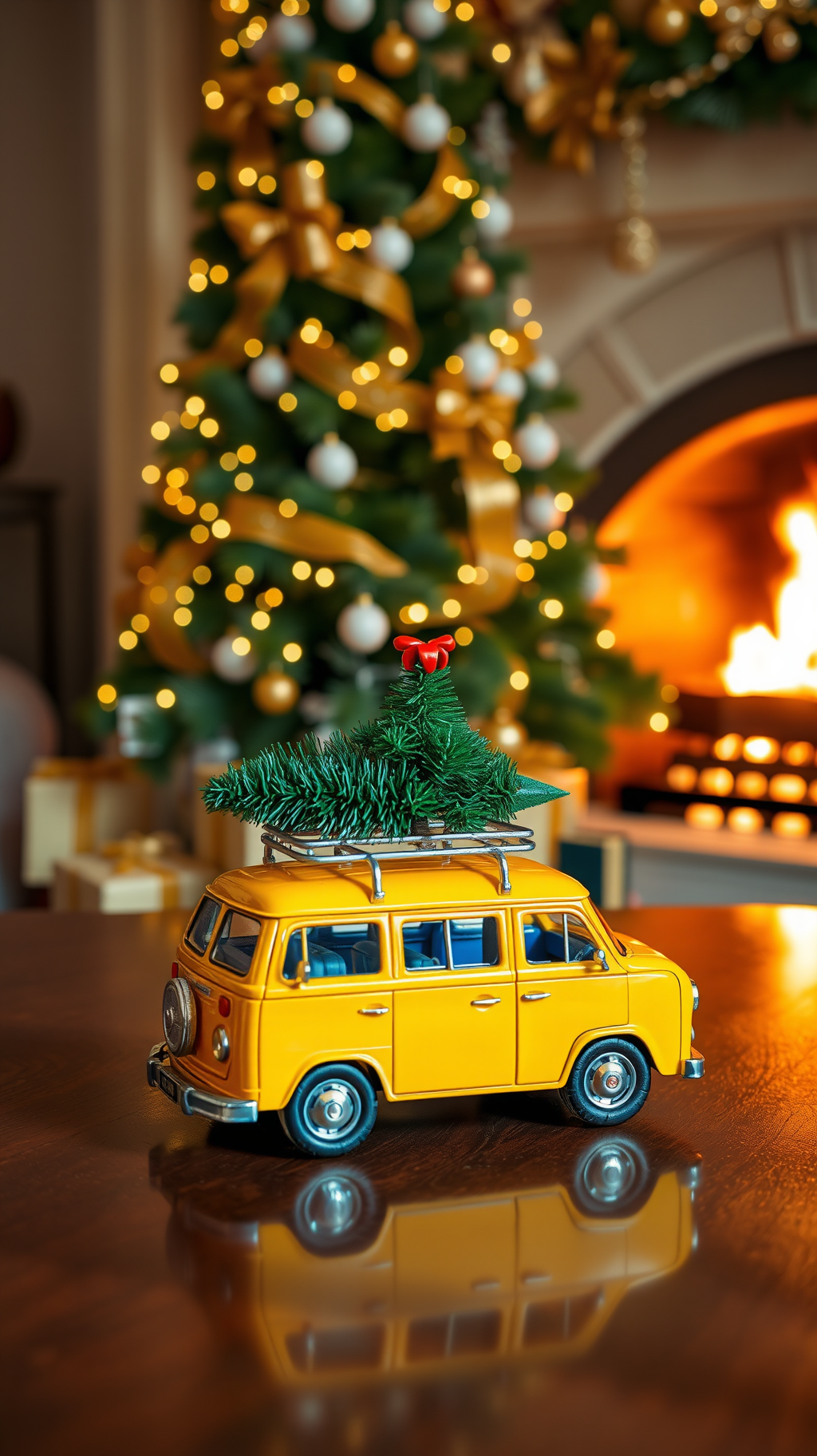 A yellow toy car with a Christmas tree on top, in front of a Christmas tree and a fireplace. - wallpaper image