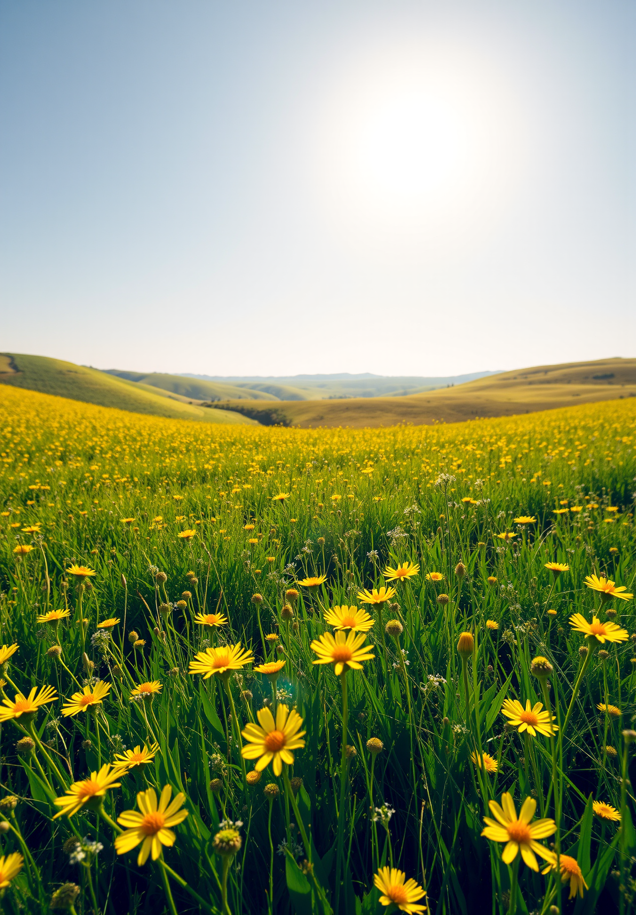 A vast field of yellow wildflowers, rolling hills in the distance, a clear blue sky and bright sunshine. - wallpaper image