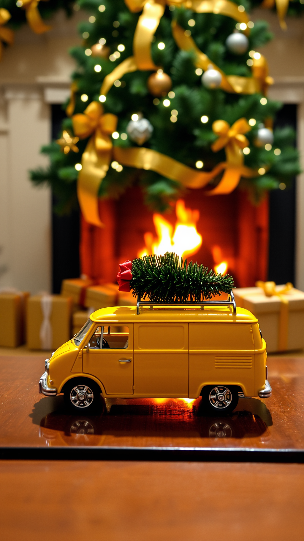 A yellow van is parked in a room with a Christmas tree on the roof, the background is a decorated Christmas tree and fireplace. - wallpaper image