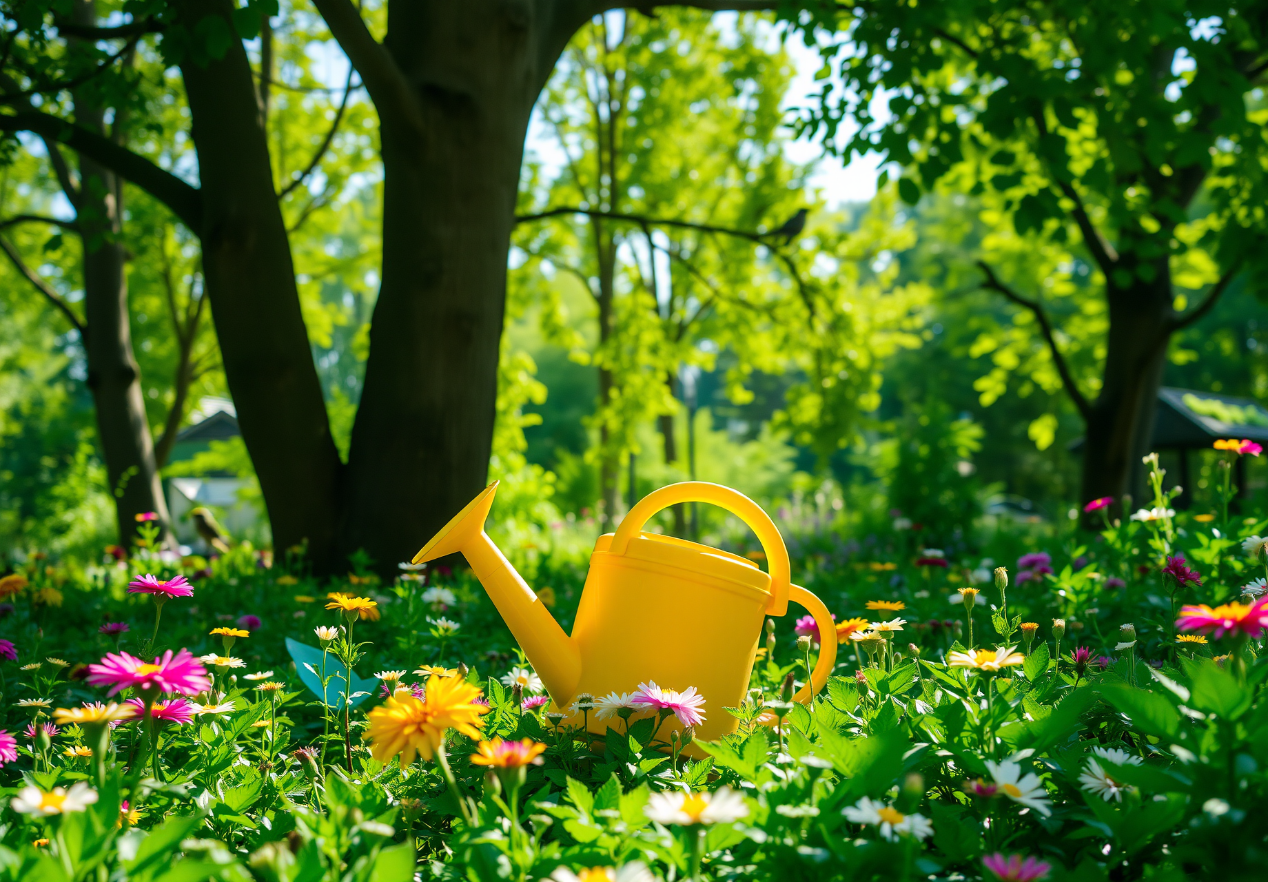 A yellow watering can is placed on a green lawn, where pink, white and yellow flowers bloom. - wallpaper image