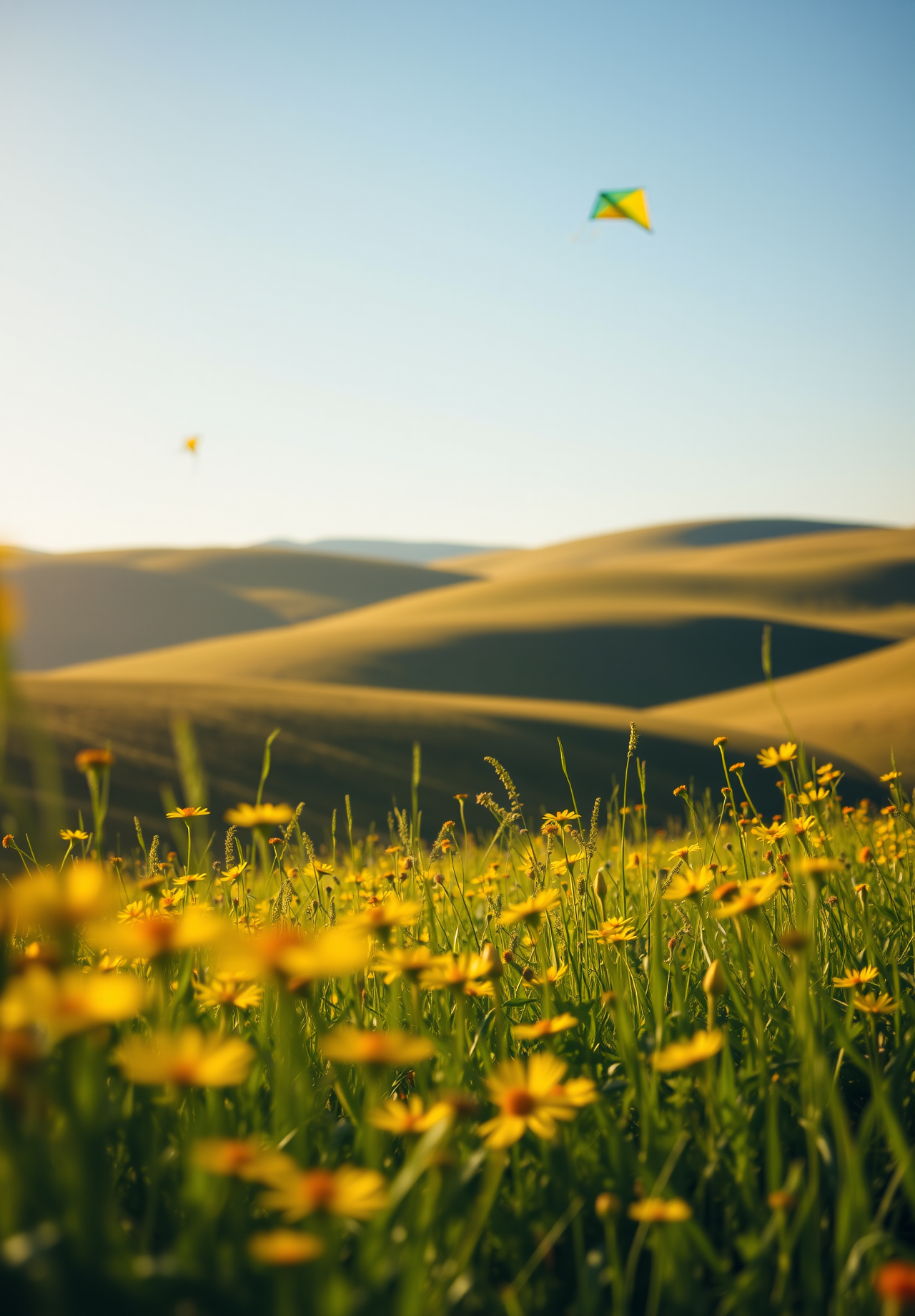 Yellow wildflowers bloom in a green field, in the distance on the hills, a green-yellow kite flies in the blue sky. - wallpaper image