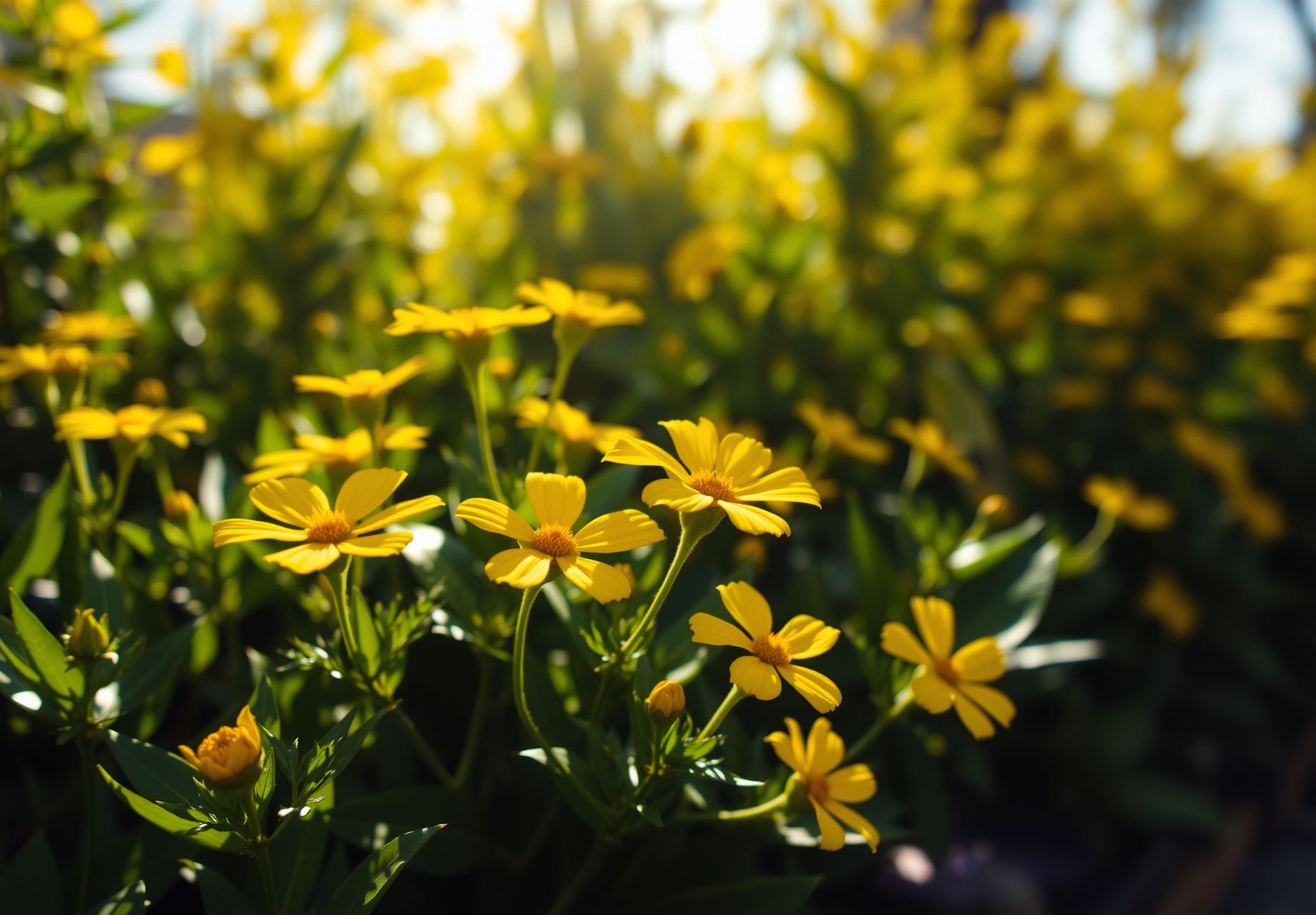 Yellow wildflowers bloom in a field of green leaves on a sunny morning. - wallpaper image